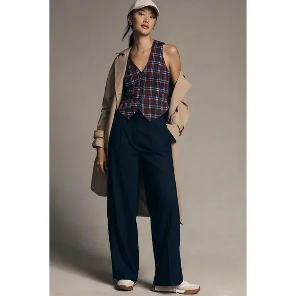 Anthropologie Plaid Vest with Buttons and Back Belt in Navy by Eva Franco - Picture 3 of 4